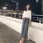 Set: Plain Elbow Sleeve Blouse + Straight Cut Pants