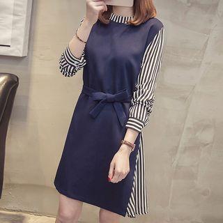 Striped Panel Mock Two-piece Dress With Sash