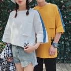 Cat Print Contrast Trim 3/4 Sleeve T-shirt