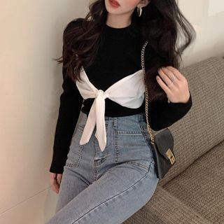 Mock Two-piece Long-sleeve Bow Top