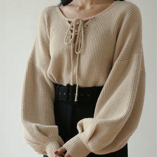 Puff Sleeve Knit Top Light Khaki - One Size