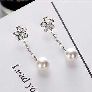 Rhinestone Flower Faux Pearl Drop Earring