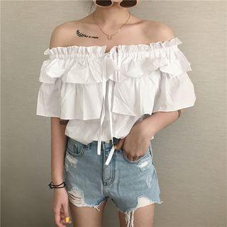 Ruffle Trim Plain Off Shoulder Elbow Sleeve Top