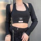 Set: Halter-neck Cropped Tank Top + Snap Buckle Long-sleeve Cropped T-shirt