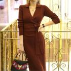 V-neck Long-sleeve Knit Midi Sheath Dress