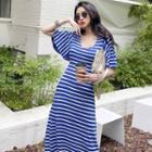 Striped Bell-sleeve Maxi A-line Knit Dress