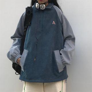 Half-zip Lettering Corduroy Pullover Navy Blue - One Size