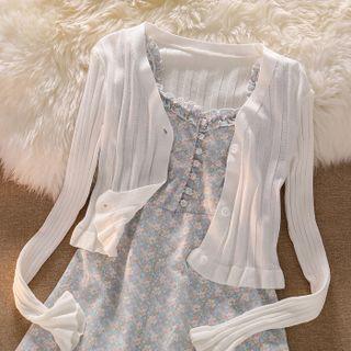 Flared-cuff Ribbed Cardigan / Floral Print Overall Dress