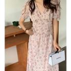 Puff-sleeve Floral Print Midi A-line Dress Red Floral - Light Pink - One Size