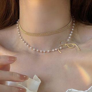 Bow Alloy Faux Pearl Layered Choker 1 Piece - Necklace - White - One Size