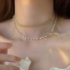Bow Alloy Faux Pearl Layered Choker 1 Piece - Necklace - White - One Size