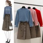 Mock-neck Sweater / Plaid Midi A-line Skirt / Set