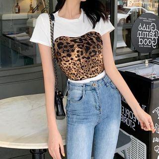 Mock Two Piece Short-sleeve Animal Printed Drawstring T-shirt