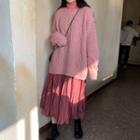 Cable Knit Sweater / Long-sleeve Turtleneck T-shirt / Midi A-line Skirt