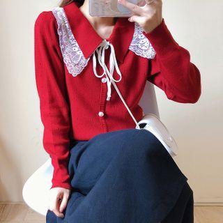 Long-sleeve Lace Trim Collar Button-up Knit Top
