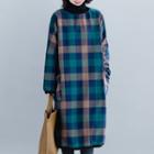 Fleece-lined Plaid Pullover Dress Plaid - Green - One Size