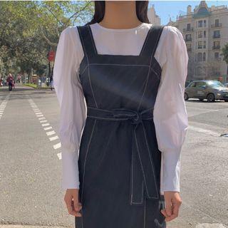 Balloon-sleeve Blouse / Midi Straight-fit Jumper Dress