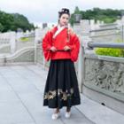 Set: Embroidered Hanfu Blouse + High-waist Maxi A-line Skirt