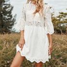 3/4-seleve Eyelet Mini A-line Dress