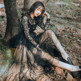 Long-sleeve Star Patterned Maxi Lace Dress