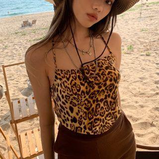 Leopard Print Cropped Camisole Top Leopard - Light Brown - One Size