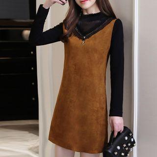 Mock Two-piece Lace Trim Long-sleeve Dress