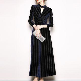 Long-sleeve Velvet Striped A-line Midi Dress