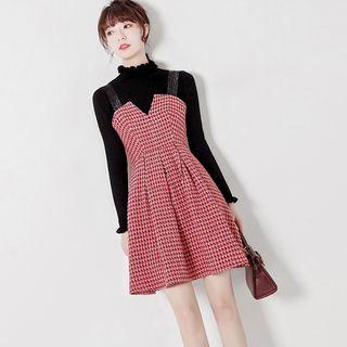Set: Houndstooth Woolen Jumper Dress + Knit Top / Woolen Dress