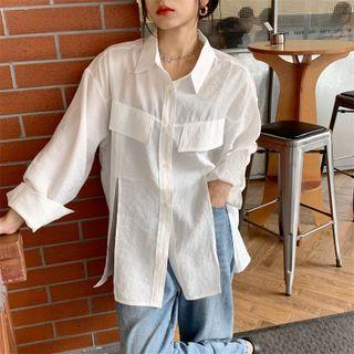 Long-sleeve Polo Collar Side Slit Plain Shirt