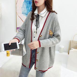 Elephant Embroidered Contrast Trim Knit Cardigan