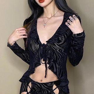 Print Mesh Long Sleeve Tie-front Top