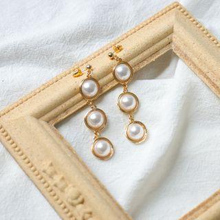 Faux Pearl Dangle Earring 1 Pair - S925 Silver Steel - Gold Trim - White - One Size