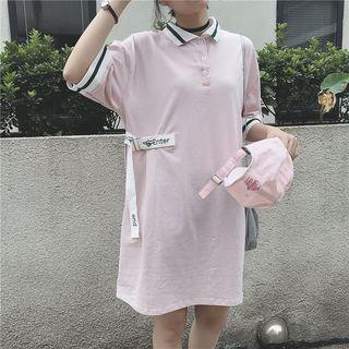 Contrast Trim Elbow-sleeve Polo Dress
