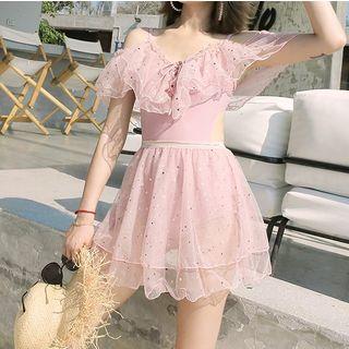 Set: Ruffle Star Detail Open Back Swimsuit + Mesh Cover Up