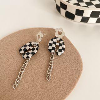 Flower Checker Acrylic Dangle Earring 1 Pair - Black & White - One Size