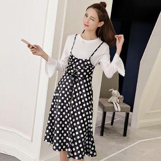 Set: Long-sleeve T-shirt + Dotted Spaghetti Strap Dress