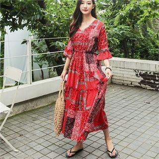 Frill-trim Patterned Tiered Maxi Dress