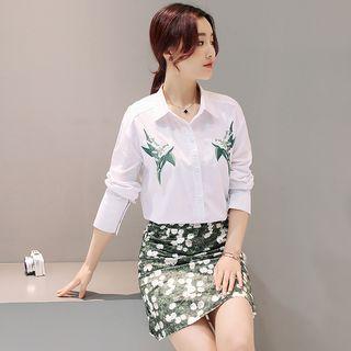 Set: Flower Embroidered Shirt + Floral Print Skirt