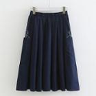 Embroidered A-line Skirt Navy Blue - One Size