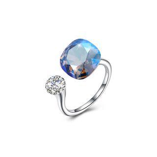 925 Sterling Silver Simple Geometric Square Adjustable Split Ring With Dark Blue Austrian Element Crystal Silver - One Size