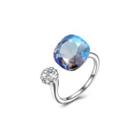 925 Sterling Silver Simple Geometric Square Adjustable Split Ring With Dark Blue Austrian Element Crystal Silver - One Size