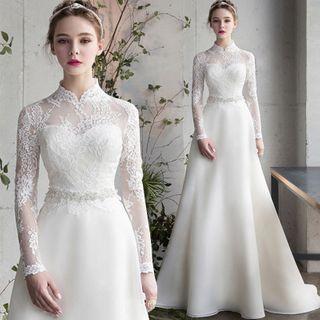 Stand Collar Long Sleeve Lace A-line Wedding Dress