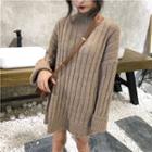 Turtleneck Long-sleeve Knit Sweater Khaki - One Size
