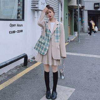 Set: Plaid Panel Blazer + Pleated Mini A-line Skirt