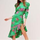 Flower Print Lantern-sleeve Ruffle Hem Sheath Dress