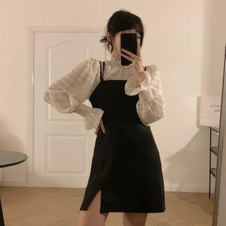 Ruffle Trim Blouse / Spaghetti Strap Slit Mini A-line Dress