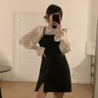 Ruffle Trim Blouse / Spaghetti Strap Slit Mini A-line Dress