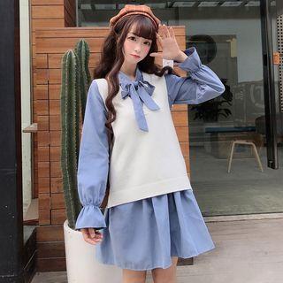 Tie-neck Mini A-line Dress / V-neck Knit Vest