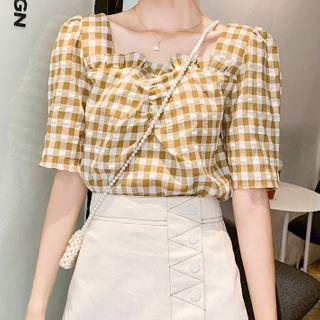 Short-sleeve Gingham Square-neck Blouse