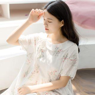 Set: Floral Print Short-sleeve A-line Midi Dress + Organza Sleeveless Midi Dress